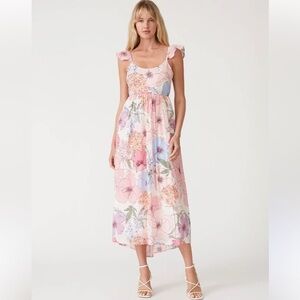 Lovestitch NWT floral Pink Ruffle Bow Toe Open Back Midi Dress Size Medium